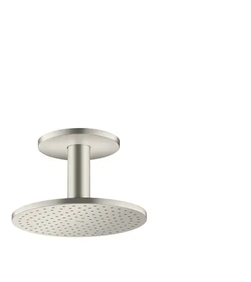Edelstahlkopfbrause mit Deckenanschluss von AXOR, rundes, flaches Design mit mehreren Wasserlöchern für gleichmäßigen Wasserfluss.